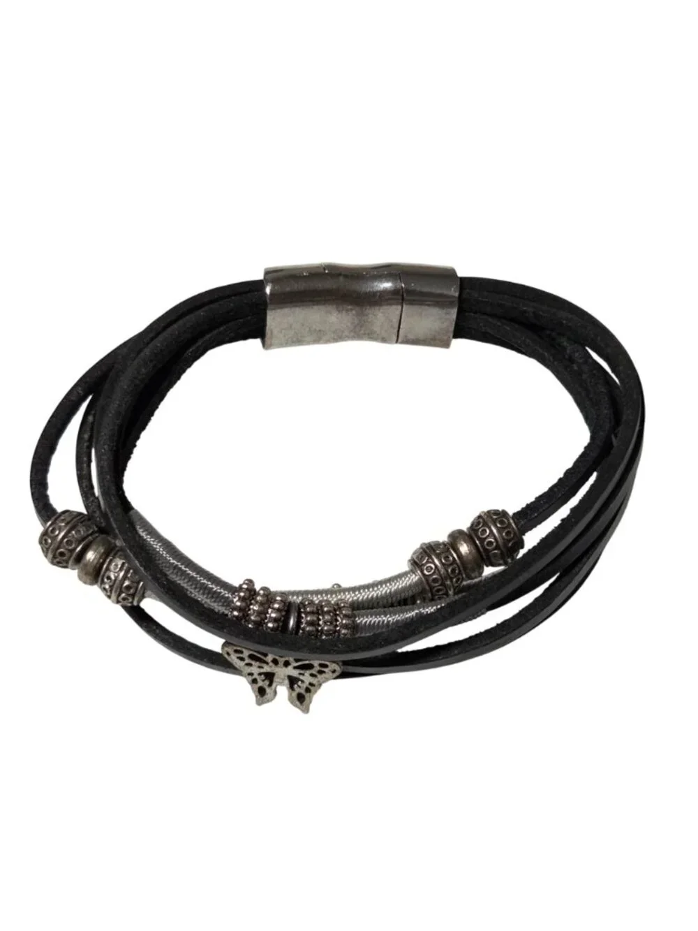 Whimsy Goth Black Leather Bracelet Silver Tone Beads Butterfly Charm Jewelry